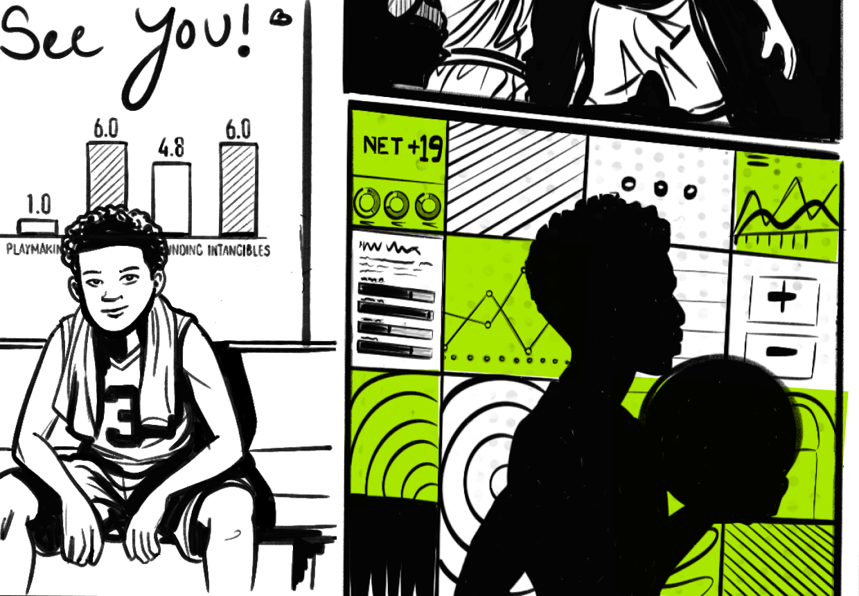 A young basketball player on the bench beside a hand-drawn StatStuffer net impact panel reading NET +19